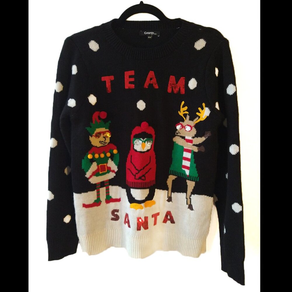 Ugly Sequined Christmas Sweater "Team Santa," Women's Medium